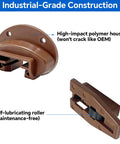Heavy Duty Center Mount Drawer Slide Replacement For Standard Rite Trak Number One Six Eight Tracks With Commercial Grade Nylon Rollers. Brown polymer housing with self-lubricating roller.