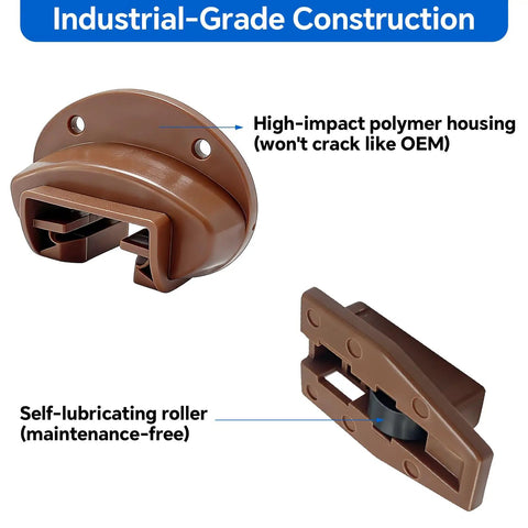 Heavy Duty Center Mount Drawer Slide Replacement For Standard Rite Trak Number One Six Eight Tracks With Commercial Grade Nylon Rollers. Brown polymer housing with self-lubricating roller.