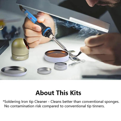 Person using Coiled Brass Solder Tip Cleaner Kit With Brass Sponge For Quick Clean Wire Cleaning Wires And Holder For Soldering Irons No Water Needed Pro Grade Tip Refresh 7 Cleaning Wires And 1 Holder Included For Efficient Work on soldering iron under magnifying lamp