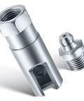 right angle grease gun coupler 1/8 NPT with two parts showcasing its compact design