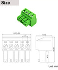 Green 10 Pack 4 Pin 3.5mm Pitch PCB Screw Terminal Block Connectors, side and technical view with dimensions, 4 Pole 300V 8A.