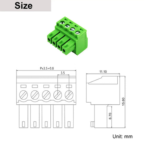 Green 10 Pack 4 Pin 3.5mm Pitch PCB Screw Terminal Block Connectors, side and technical view with dimensions, 4 Pole 300V 8A.