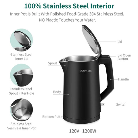 1.7 Liter Electric Kettle With Double Wall Stainless Steel Interior, Fast 1200W Boil, Auto Shut Off, Boil Dry Protection, Black
