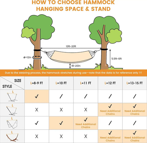 Illustration showing dimensions for hanging hammocks with tree distance and height guide