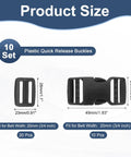 Black 25mm Quick Release Side Buckles for Webbing Straps 1 inch Dual Adjustable Plastic Clasp Fasteners, Front View, Pack of 4