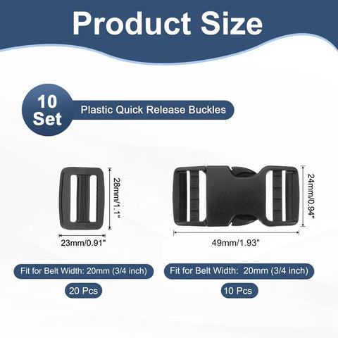 Black 25mm Quick Release Side Buckles for Webbing Straps 1 inch Dual Adjustable Plastic Clasp Fasteners, Front View, Pack of 4