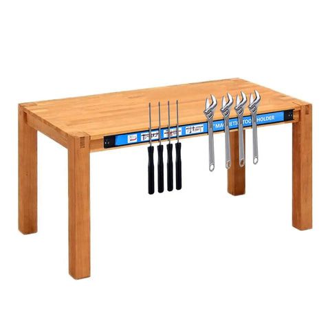 Eight Pack 18 Inch Magnetic Tool Holder Set With Wall Mount Brackets And S Hooks Heavy Duty Tool Bar Rack For Wrenches Screwdrivers Spanners Blue For Garage And Workshop Use under wooden table