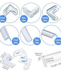 Top Shelf Heavy Duty 10 Ft Sharp Edge Protector Strips featuring four peel and stick corner guards, shown from various angles with measurements.