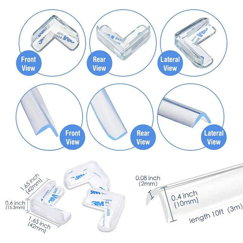 Top Shelf Heavy Duty 10 Ft Sharp Edge Protector Strips featuring four peel and stick corner guards, shown from various angles with measurements.