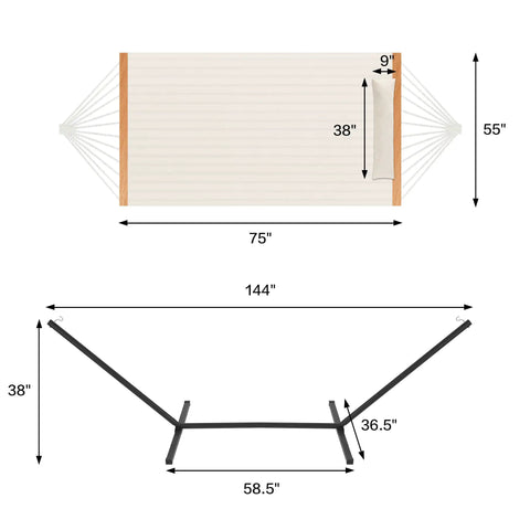 Dimensions of Heavy Duty Two Person Hammock With Portable Steel Stand For Outdoor Patio Easy Setup Double Layer Quilted Polyester Fabric With Laidback Detachable Pillow 480 Pound Capacity Off White
