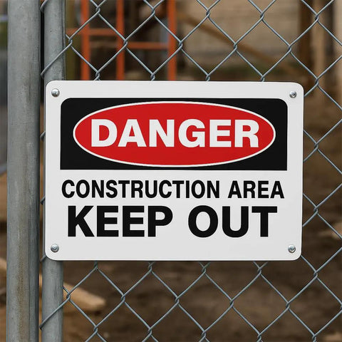 Construction Area Keep Out Signs 14 By 10 Inch Rust Free Aluminum Danger Do Not Enter UV Printed Weather Resistant Long Lasting Ink 4 Pack Easy To Mount Anywhere installed on a metal fence outdoors.