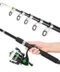 Hand holding 6.9 Foot Telescopic Rod And Reel Combo With Pliers And Lip Gripper, Lures, Accessories, And Carry Case, Portable Spinning Reel Set