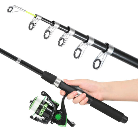 Hand holding 6.9 Foot Telescopic Rod And Reel Combo With Pliers And Lip Gripper, Lures, Accessories, And Carry Case, Portable Spinning Reel Set