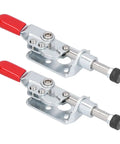Heavy Duty Push Pull Toggle Clamp Forty Kilogram Load Capacity Bulletproof Quick Release Lever For Welding Projects Circuit Boards, showing two metal clamps with red handles.