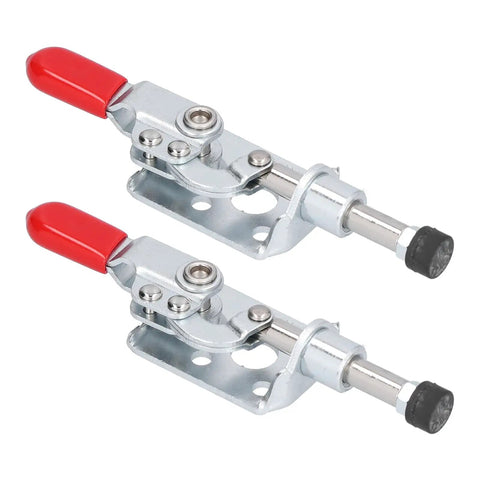 Heavy Duty Push Pull Toggle Clamp Forty Kilogram Load Capacity Bulletproof Quick Release Lever For Welding Projects Circuit Boards, showing two metal clamps with red handles.