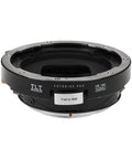 Boss Tilt Shift Lens Mount Adapter From Hasselblad V-Mount Lenses To Nikon F Bodies With 20mm Total Shift, 10 Degree Tilt, And 360 Degree Rotation For Creative, High Detail Shots On Modern DSLRs. Black metal tilt-shift adapter with push-to-shift control