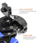 Close-up of solar crimping tool with pin locator and EDM jaw, part of the Solar Crimping Tool Kit For Solar Panel Installation.