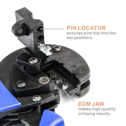 Close-up of solar crimping tool with pin locator and EDM jaw, part of the Solar Crimping Tool Kit For Solar Panel Installation.