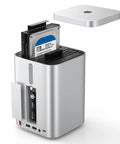 Dual Bay Raid Enclosure Packing Lightning Fast Ten Gigabit Speed displaying a 2TB drive slot and NVMe bay in sleek aluminum design.