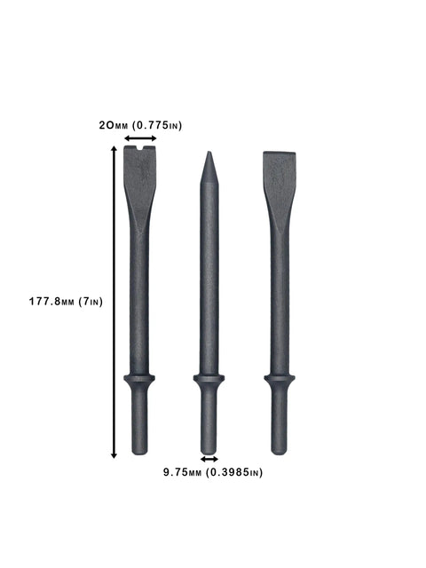 Extra Long 7 Inch Air Chisel Set 3 Piece with flat bolt cutter, tapered punch chisels, made of heat-treated alloy steel.