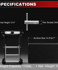 Specifications of Beefy Heavy Duty Motorcycle Scissor Lift Jack 1100 Lbs Capacity with dimensions and weight details displayed