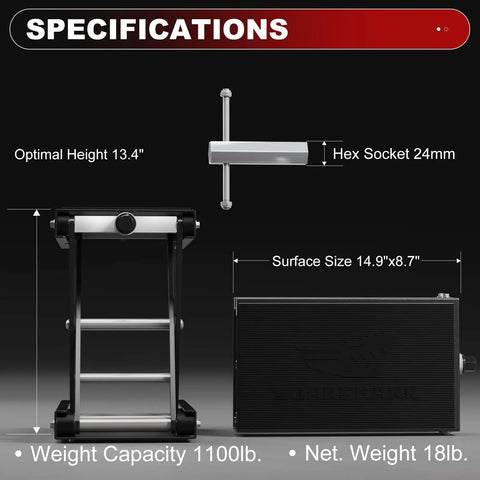 Specifications of Beefy Heavy Duty Motorcycle Scissor Lift Jack 1100 Lbs Capacity with dimensions and weight details displayed