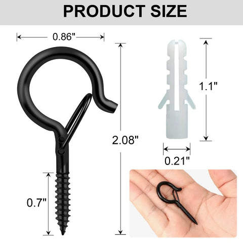 Outdoor String Light Hooks 25 Pack With Safety Buckle Screw In Swivel Eye Hooks size comparison with screws and hand