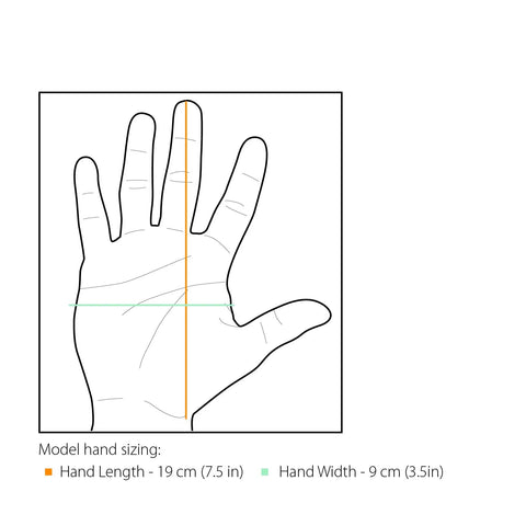 Diagram showing model hand sizing with length 19 cm and width 9 cm for Suction Grip Bathtub And Shower Safety Handle White 24 Inch Non Slip Grab Bar No Tools Install Portable Easy Attach Remove Works On Smooth Non Porous Surfaces For Safer Bath Time And Shower Routines.