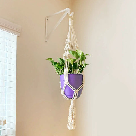 Totally Legit Closet Rod And Shelf Brackets Size 11 By 9.5 Inch Steel Wall Mount supports hanging plant holder with macrame design.