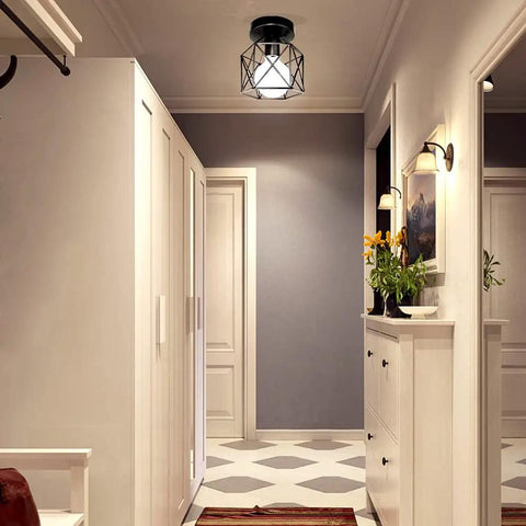 All Black Rustic Industrial Farmhouse Flush Mount Ceiling Light Fixture With E26 Socket UL Listed Four Pack in hallway.