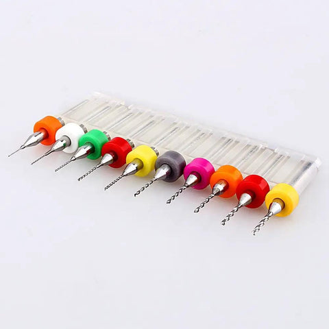 Carbide Micro Drill Bits Set 10 Piece 0.3mm To 1.2mm High Precision Tiny Bits with colorful collars for jewelry making and metalwork.