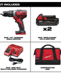 Heavy Duty Cordless Half Inch Hammer Drill Driver Kit includes drill, two batteries, charger, and contractor bag.