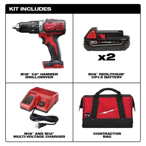 Heavy Duty Cordless Half Inch Hammer Drill Driver Kit includes drill, two batteries, charger, and contractor bag.