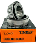32004 X Tapered Roller Bearing 20x42x15mm, Single Row Steel Cage, PN2 Tolerance, High Load Capacity displayed on box