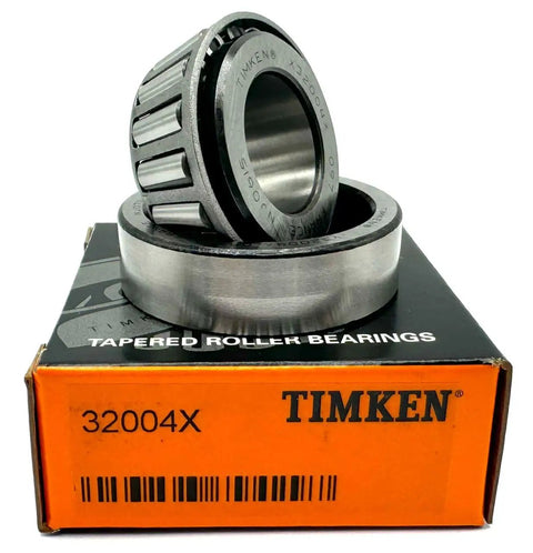32004 X Tapered Roller Bearing 20x42x15mm, Single Row Steel Cage, PN2 Tolerance, High Load Capacity displayed on box