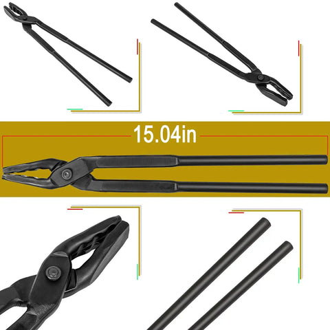 15 Inch Wolf Jaw Tongs And Hammer Tool Set For Bladesmiths And Forge Fans, showing 15.04 inch measurement, heavy duty steel tongs.