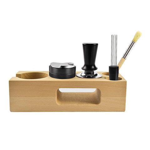 Game Changing Wooden Espresso Tamper Station With Precision Powder Distributor And Flat Bottom Stirrer Spoon on wooden base