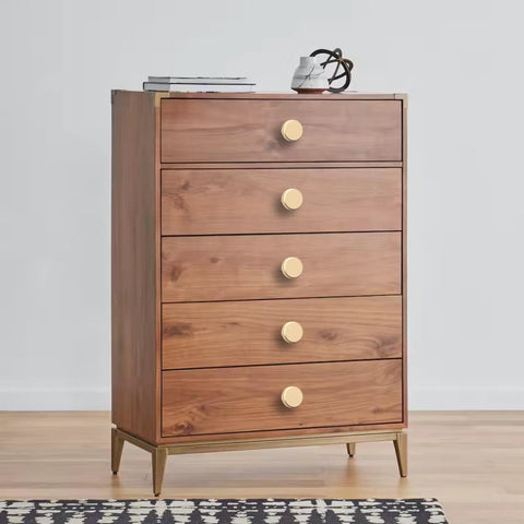 Matte Gold Knurled Cabinet Knobs Ten Pack For Dresser And Kitchen Cabinets on a wooden dresser.