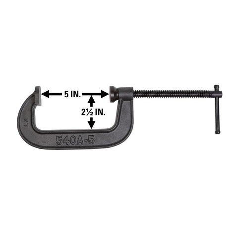 Beefy Five Inch Opening C Clamp With Two And A Half Inch Throat, Two Thousand Two Hundred Fifty Lbs Clamping Force, Ductile Iron Frame