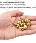 Hand holding Anodized Aluminum Thumb Screws 6-32 Thread, Large Knurled Head Cage Mounts, Hand Tighten Easy Grip For Computer Case PCI Slot, Gold Finish, Will Not Damage Finish, Short Inside, Sturdy, 10 Pack