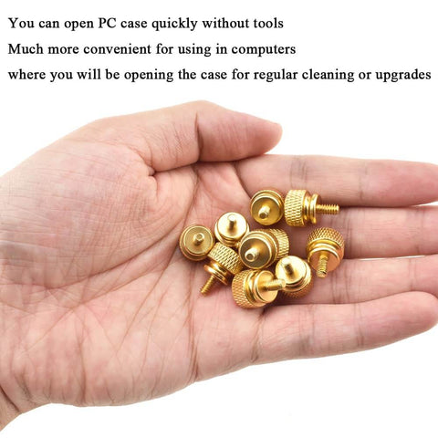 Hand holding Anodized Aluminum Thumb Screws 6-32 Thread, Large Knurled Head Cage Mounts, Hand Tighten Easy Grip For Computer Case PCI Slot, Gold Finish, Will Not Damage Finish, Short Inside, Sturdy, 10 Pack