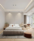 Top Shelf 3 Inch LED Recessed Can Lights 16 Pack With Honeycomb Anti Glare Baffle Trim illuminate a modern bedroom.