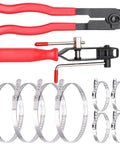 Heavy Duty Stainless Steel Crimping Tool Kit For Hose Clamps And Banding Shafts With Built-In Cutter Perfect For Cars Pipes Machinery CV Joint Boot Work And Universal Jobs, red-handled set with clamps