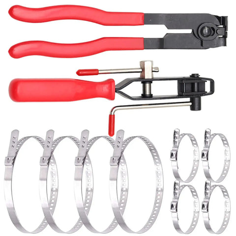 Heavy Duty Stainless Steel Crimping Tool Kit For Hose Clamps And Banding Shafts With Built-In Cutter Perfect For Cars Pipes Machinery CV Joint Boot Work And Universal Jobs, red-handled set with clamps