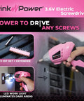 Cordless Screwdriver Kit In Pink With 3.6V Rechargeable Battery, LED Light, 11 Piece Bit Set, Girl Boss Friendly Handy Tool