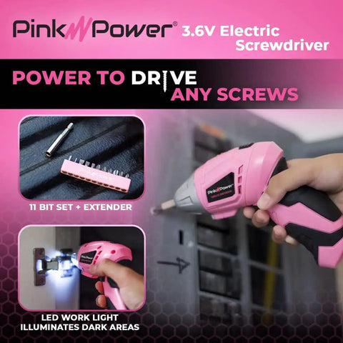 Cordless Screwdriver Kit In Pink With 3.6V Rechargeable Battery, LED Light, 11 Piece Bit Set, Girl Boss Friendly Handy Tool