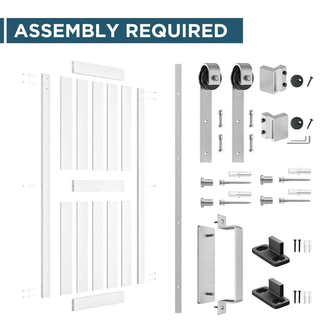 40 x 84 Inch Solid Wood Paneled Sliding Barn Door With Brushed Nickel Hardware Kit, White Finish, assembly required
