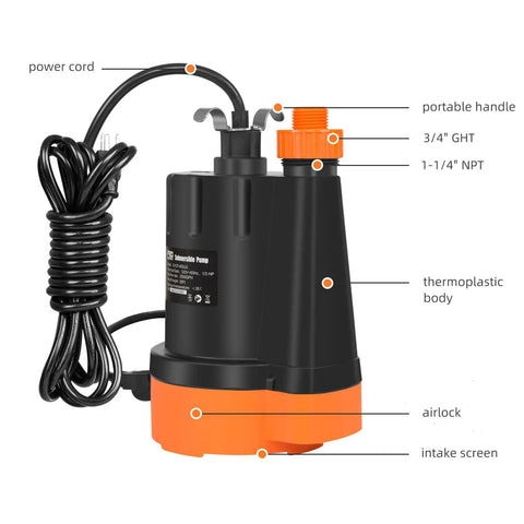 Diagram of 1/3HP Submersible Water Pump One Third HP 2500GPH Portable Electric Utility Pump For Clean Water Drainage, features labeled