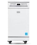 Slick 18 Inch Portable Dishwasher With Stainless Steel Tub Cleans Eight Place Settings Fast Energy Star Certified Countertop Appliance For Apartment Living, front view with control panel and wheels.
