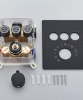 Straight Up Matte Black Ceiling Mount Shower System With Water Powered Led Rain Head Temp Tracking Color Swap Slick Handheld Sprayer And Smooth Swivel Tub Spout For Bathrooms valve kit with black control panel and brass components.